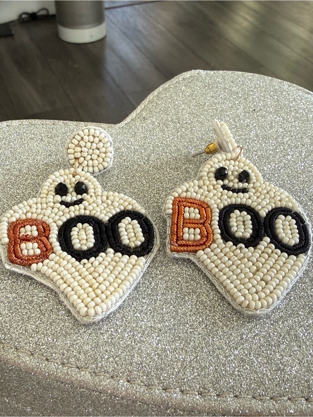 Hand-Beaded 'Boo' Ghost Earrings — White & Orange